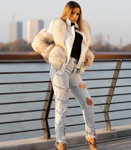 Bunda od prirodne kože i krzna - Bela