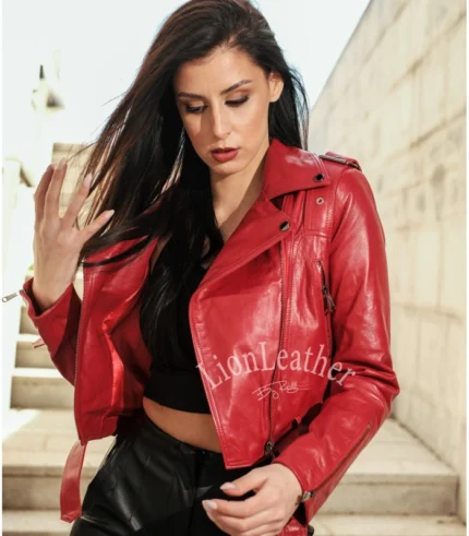 Ženska crvena kožna jakna - 04C